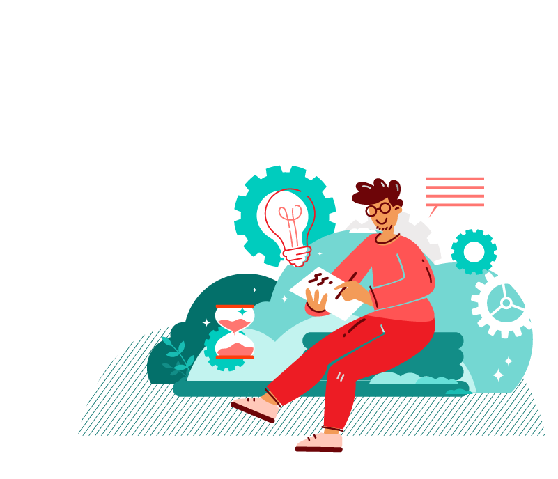 male sitting down, looking over project process