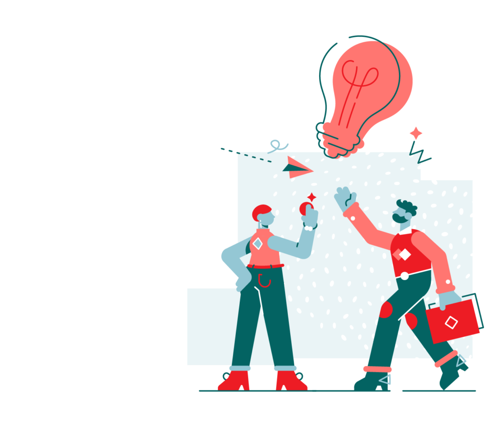 man and woman business relationship giving high five with light bulb for ideas