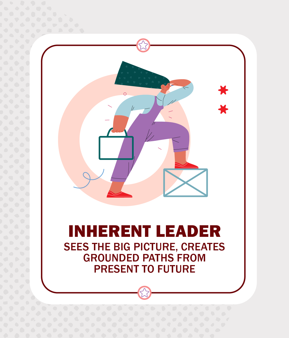 woman leader with hand to forehead looking ahead, inherent leader persona card