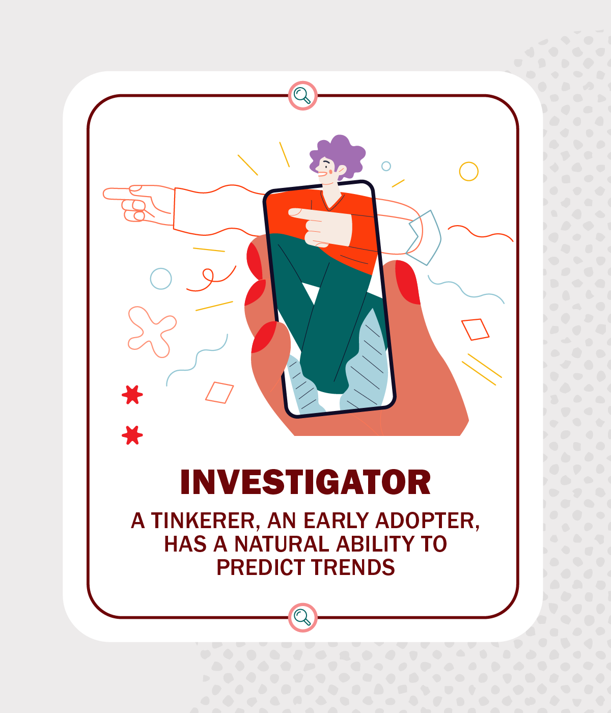 hand holding a mobile phone, investigator persona card
