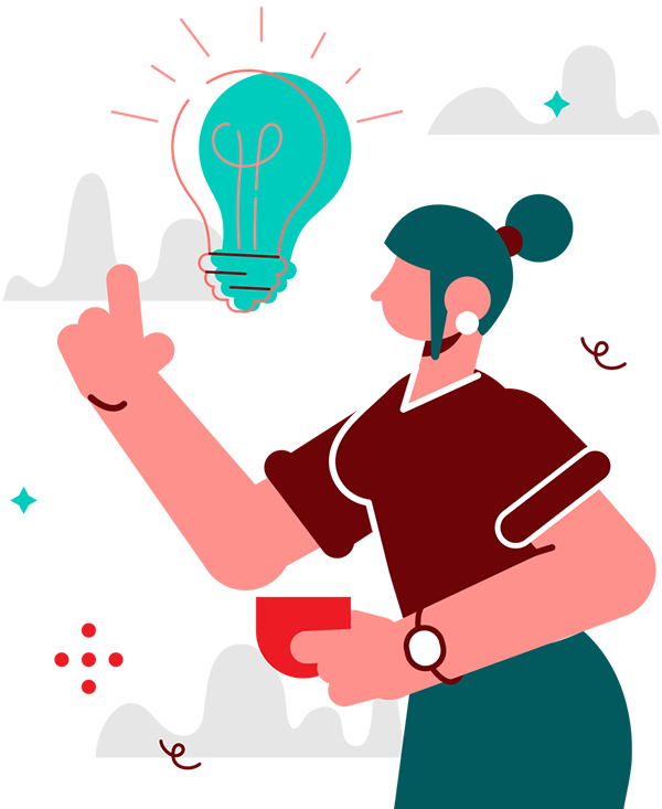 graphical image of girl in dark red shirt holding a coffee cup and getting an idea, shown with a lightbulb above her head