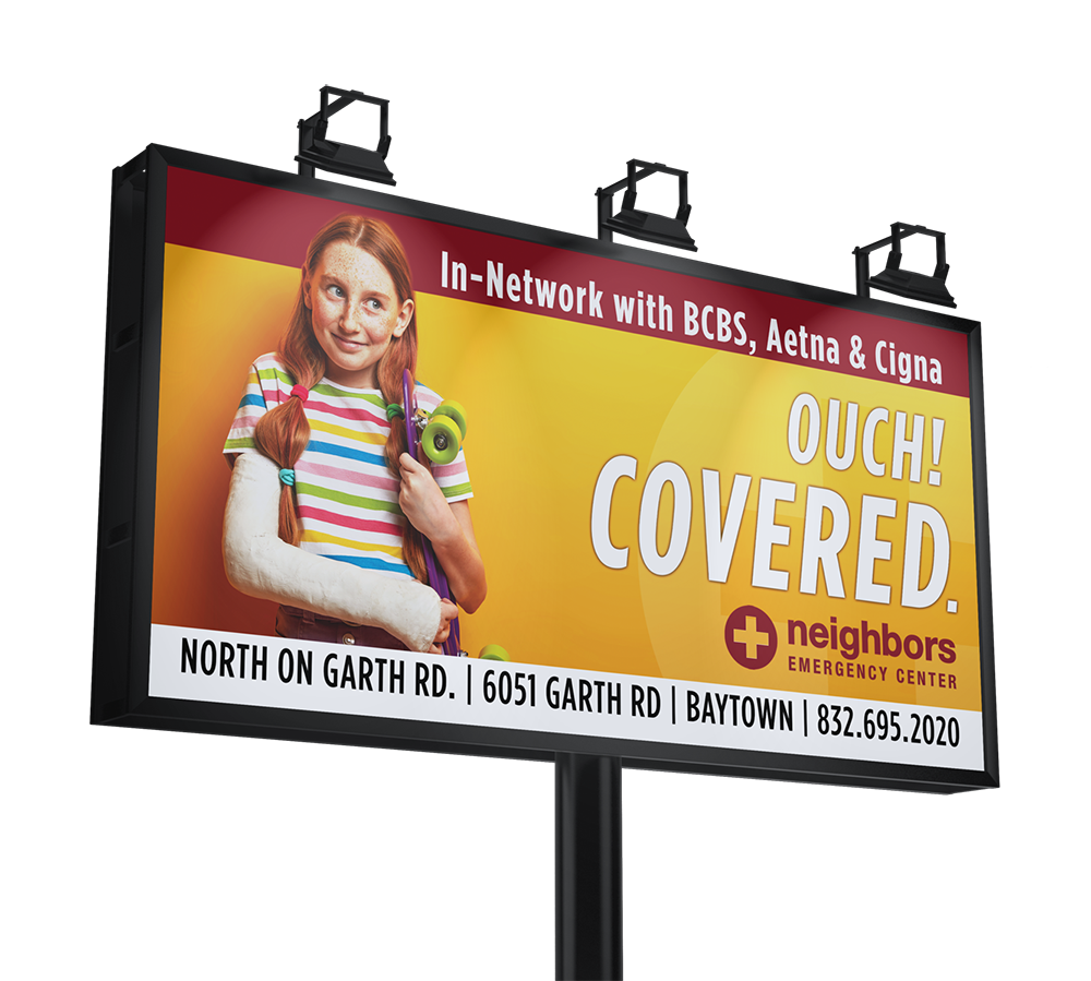 Neighbors Emergency Center billboard advertisement with girl in a cast